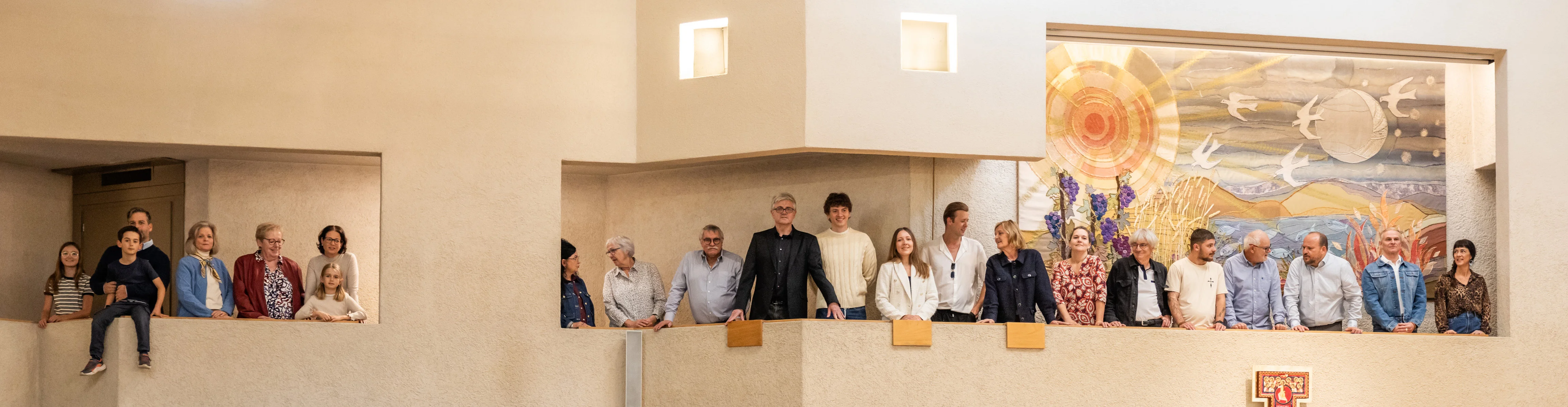 Church balcony with community members